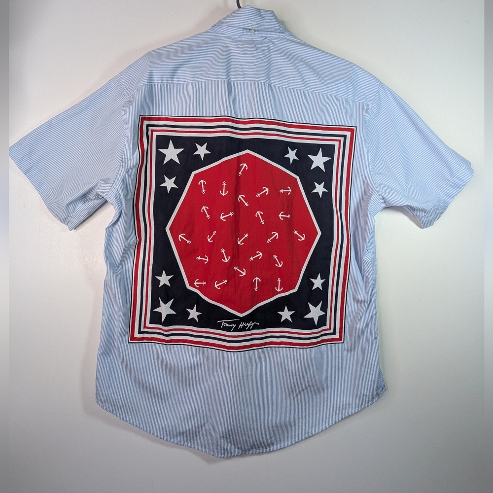 Vintage Tommy Hilfiger Nautical Shirt Mens Large Blue White Red Striped Anchors